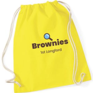 Yellow drawstring bag with Brownies logo on